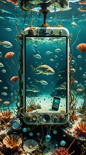 A surreal underwater world in the style of Salvador Dali, where all the sea creatures are actually different tech gadgets like iPhones, laptops, and smartwatches, floating amongst the seaweed and coral.