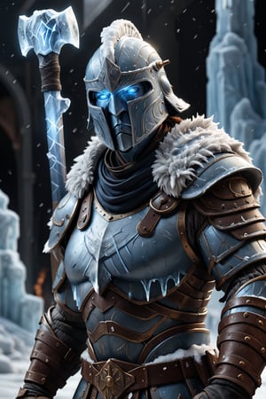 A gladiator in icy blue armor emitting a frosty aura. His helmet has sleek, aerodynamic lines, and he wields a massive frost-covered hammer. His cold, determined eyes are visible through his helmet. The arena's cool, ethereal light casts a chill, with ice particles and vapor enhancing the frozen, majestic scene.