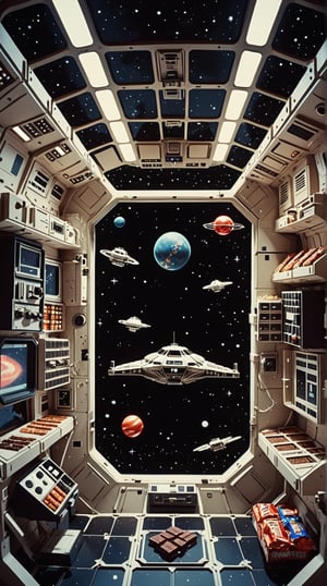 A space station in the style of Stanley Kubrick’s 2001: A Space Odyssey, where all the spaceships and equipment are made of different popular candy bars like Snickers, Milky Way, and Three Musketeers, and all the astronauts are dressed as characters from Star Trek.