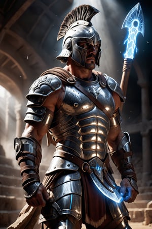 A towering gladiator in sleek silver armor, symbolizing oxygen's importance. His helmet has intricate air vents, reflecting the element's life-giving properties. He wields a double-bladed axe crackling with blue energy, standing ready in an ancient arena. Cinematic light casts dramatic shadows, highlighting his intense gaze. Particles of dust and energy surround him, creating an electrifying atmosphere.