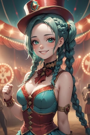 masterpiece, top quality, aesthetic, warrior, circus, ringmaster costume, western style,, torso shot, a few freckles on the nose, long single braided hair, teal green hair, one girl, most beautiful girl, stunningly beautiful girl, gorgeous girl, 20 years old, big amber eyes, smiling