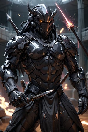 An imposing figure in jet-black armor, mirroring the crystalline structure of carbon. His helmet features angular designs, and he holds a spear that splits into multiple prongs. He stands in the arena, his dark eyes scanning for threats. The light accentuates the sharp angles of his armor, while particles of dust and glowing embers float around, adding to the scene's intensity.