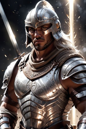 A gladiator in bright silver and white armor with a reflective sheen. His helmet has a streamlined design, and he wields a crescent-shaped sword. His intense focus is captured in close-up. The light highlights his gleaming armor, while particles of light and dust fill the air, creating a dazzling, almost otherworldly effect.