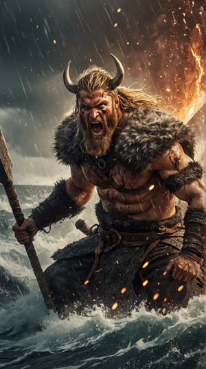 Create an image of a Viking Berserker in a ferocious charge, his wild eyes and fearsome expression capturing the intensity of battle. Dressed in animal pelts and wielding a massive weapon, he fights with a primal fury. Particles and embers swirl around him, enhancing the chaotic energy. The background features a rugged, stormy landscape with a Viking longship and crashing waves, immersing viewers in the raw power and legendary ferocity of this elite Norse warrior.