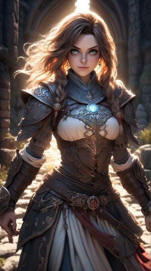 A dashing medieval female warrior, adorned in rugged yet stylish attire, with a confident smirk and fierce gaze that command respect, medieval fantasy. Swashbuckling, brave, wise and beautiful, jewelry, standing, landscape, (Cinematic lighting, ethereal light, intricate details, extremely detailed, incredible details, full colored), complex details, hyper maximalist, gorgeous light and shadow, detailed decoration, detailed lines. masterpiece, best quality, HDR, UHD, unreal engine. looking at the camera, fair skin, beautiful face, beautiful eyes, perfect eyes, detailed eyes, beautiful nose