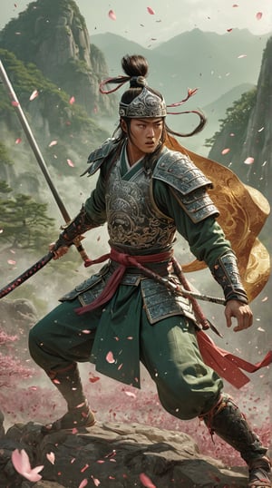 Visualize a Hwarang of Silla warrior in an epic battle, his ornate armor and flowing banners catching the light. This young noble warrior engages in a swift and coordinated attack, sword flashing. Particles and petals swirl around him, enhancing the dynamic motion. The background showcases the lush, green Korean landscape with ancient temples and mountains, immersing viewers in a world where honor and martial skill define this elite fighter.