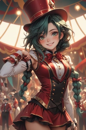 masterpiece, top quality, aesthetic, warrior, circus, ringmaster costume, western style,, torso shot, a few freckles on the nose, long single braided hair, teal green hair, one girl, most beautiful girl, stunningly beautiful girl, gorgeous girl, 20 years old, big amber eyes, smiling