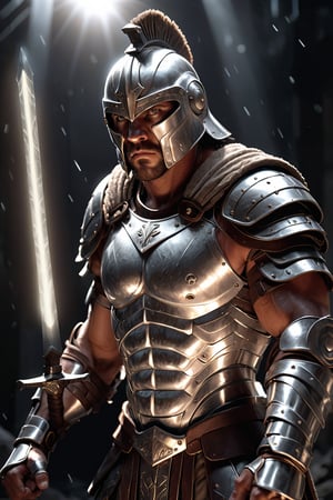 A gladiator in metallic silver armor glowing with a faint white light, symbolizing magnesium's brilliance. His helmet has modern, angular lines, and he wields a large, glowing shield and short sword. His determined gaze is highlighted by bright cinematic light. Particles of light and energy add to the brilliance and strength of the scene, creating a powerful and resilient image.