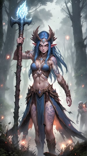 In a misty, moonlit clearing within the ancient enchanted forest, a fierce warrior-elf maiden stands tall, her tattooed skin glistening with dew. Her furious eyes blaze like stars as she wields a battle-axe, ready to face the hordes of shambling zombies that threaten her realm.