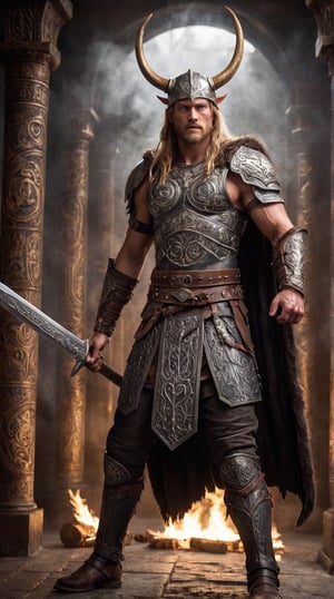 Create a breathtaking image of the Einherjar, the legendary male warriors of Norse mythology, standing in the grand hall of Valhalla. Each warrior is clad in resplendent, intricately engraved armor adorned with runes and Nordic symbols, their imposing helmets featuring horns or wing-like designs. They wield mighty weapons such as glowing swords, axes, and spears, and carry ornate shields. The Einherjar are depicted with tall, muscular physiques and determined expressions, showcasing their readiness for Ragnarok. Accompanying them are ethereal Valkyries in flowing garments, adding a divine presence. The background features the majestic pillars and golden tapestries of Valhalla, illuminated by an ethereal light. The scene is filled with dynamic particles of energy, embers from roaring fires, and swirling magic, capturing the epic and otherworldly atmosphere of their eternal preparation for the ultimate battle.