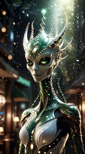 dynamic shot, dynamic pose.

An elegant alien figure resembling the brand image of Starbucks stands gracefully. Its body is a blend of green and white, with swirling patterns and a crown-like headpiece. Its eyes are serene, glowing with a calming light. The background features a cosmic scene with ethereal mists and twinkling stars, symbolizing Starbucks’ global and inviting presence. Bokeh effects scatter light particles, creating a tranquil setting. Glare and lens flare highlight the alien’s graceful form, while electric sparks and cinematic light enhance its serene presence. Particles float, adding a sense of calm and mystique.

Bokeh background, dynamic background

(best quality, 4K, 8K, high-resolution, masterpiece), ultra-detailed, realistic, photorealistic, intricate design, vibrant colors, detailed facial expression, otherworldly appearance, glowing elements, complex patterns, high contrast, dynamic lighting, cinematic composition, high detail, high resolution.