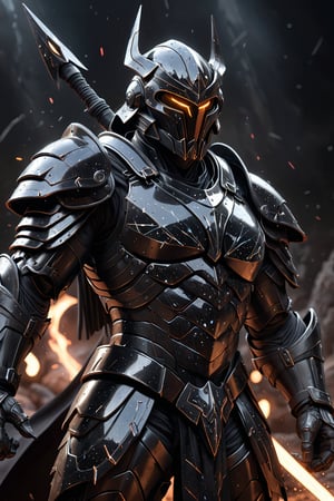 An imposing figure in jet-black armor, mirroring the crystalline structure of carbon. His helmet features angular designs, and he holds a spear that splits into multiple prongs. He stands in the arena, his dark eyes scanning for threats. The light accentuates the sharp angles of his armor, while particles of dust and glowing embers float around, adding to the scene's intensity.