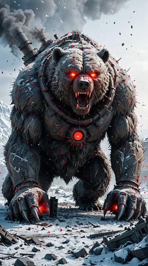 Generate an image of a terrifying beast representing the Soviet Union during World War II. This beast is a gigantic, iron-bear hybrid with glowing red eyes and fur made of steel wool. Its powerful limbs crush everything in its path, and its roar echoes like a cannon blast. The background features a frozen battlefield with wrecked tanks and artillery pieces. Particles of snow, sparks, and shrapnel fill the air, enhancing the cold, ruthless atmosphere. The image is captured from a bird's eye angle, showcasing the iron-bear’s relentless advance through the desolation.