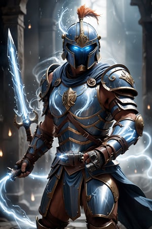 A swift gladiator in shimmering blue armor, representing hydrogen's lightness. His helmet is adorned with vapor streams, and he holds two glowing, curved daggers. Caught in mid-motion, he exudes agility. The cinematic light enhances the gleam of his armor and weapons, with mist and energy particles swirling around, creating a dynamic and fluid atmosphere.