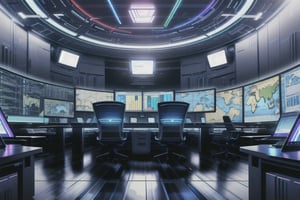 A high-tech control room filled with eight large screen computers, each displaying different sets of data, graphics, and real-time information. The room is designed with a sleek, modern aesthetic, featuring state-of-the-art equipment and a sophisticated layout. Each of the big screens is mounted on the walls or positioned on sturdy desks, arranged in a semi-circle to allow easy access and visibility.

The screens display a variety of content, including complex data visualizations, security camera feeds, detailed maps, and real-time system monitoring. The glow from the screens casts a vibrant, multi-colored light across the room, creating a dynamic and intense atmosphere.

The room is filled with advanced tech gadgets, control panels, and ergonomic chairs designed for long hours of monitoring and analysis. The floor is covered with a high-quality carpet, and the walls are adorned with soundproofing panels to ensure a quiet and focused environment. The lighting is low, with the primary illumination coming from the screens and a few strategically placed overhead lights.