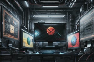 A high-tech computer setup with multiple monitors is in the process of being hacked. The main monitor displays a chaotic scene of rapidly changing code, red warning messages, and error alerts, indicating a serious breach. The background includes a darkened room, illuminated only by the glow of the computer screens and occasional flashes of red and green lights.

The hacking scene is intense and dramatic, with symbols of intrusion such as skulls, lock icons, and digital footprints appearing on the screens. The keyboard and mouse show signs of frantic activity, as if someone was trying to counter the hack but failed. Various cables and devices are connected to the computer, adding to the complexity of the scene.

The image captures the essence of a cyber-attack, with a sense of urgency and danger. The room is filled with a mix of advanced tech gadgets, some of which are now displaying error messages and warnings. The lighting is low, with deep shadows enhancing the tension and drama of the moment.