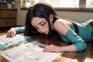 Woman(slim body, young, emerald eyes, eyelashes, long dark hair flowing over her shoulders, arabian pants Russian, feminine, beautiful), suddenly faints, eyes closed. lying on the floor. head toward the office floor. Her serene face now shows signs of distress as she collapses to the floor ground, her body limp and unconscious. papers, are scattered aroundThe shot is taken from a long distance, 

The background includes soft ambient lighting from overhead fluorescent lights and large windows letting in natural light. The office floor is covered with neutral-toned carpet, and various office objects, such as a laptop, coffee cup, and papers, are scattered around. The shot is taken from a long distance, capturing both Farisha's fainted form 
The image should be high-resolution, with low saturation, highly detailed, and soft shading, emphasizing the dramatic and mystical nature of the scene.