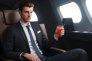 A handsome European male with a chiseled jawline, sharp features, and a confident demeanor. He has short, neatly styled hair, either dark brown or black, and piercing blue eyes. His skin is fair, with a healthy, natural glow. He is dressed in a well-fitted, tailored suit, consisting of a dark navy or charcoal gray blazer and matching trousers. The suit is paired with a crisp white dress shirt and a stylish tie, either in a solid color or with a subtle pattern. He wears polished black leather shoes, completing the sophisticated look.sitting inside an airplane near a window,holding a emptied orange cup.The image is a masterpiece, high-resolution, and of high quality with low saturation, highly detailed, and soft shading. The lighting is soft and diffused, enhancing the natural look of the scene.