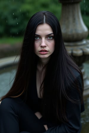 A rainy park scene with a mysterious woman sitting by a stone fountain. Her long raven hair flows in the wind, and she wears dark, elegant clothing. Her piercing green eyes look directly at the viewer, exuding mystery. The background is blurred, with raindrops creating a soft, misty atmosphere. The composition centers on her face, capturing her intense gaze and enigmatic expression.