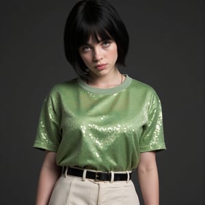 Billie Eilish with short black hair, wearing an apple green sequin T-shirt, white pants with black belt, dark gray background, high_res, realistic