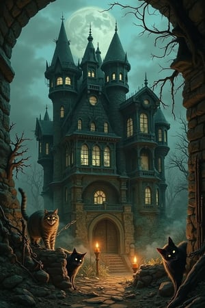 A big haunted mansion in punk style, eerie and decaying, with gothic architecture and overgrown vegetation, the mansion adorned with graffiti and punk elements like spikes and chains, dim lighting with flickering candles and shadows, a group of cats exploring the mansion, lighten eyes, intense expressions, wide-shot framing, dynamic composition.,vintage horror illustration 