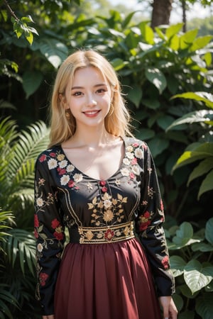 A stunning young woman with vibrant blonde hair and a radiant smile, dressed in a breathtaking Ukrainian national costume adorned with intricate embroidery in shades of black, red, and green, posing amidst the lush foliage of a serene botanical garden on a sunny day.