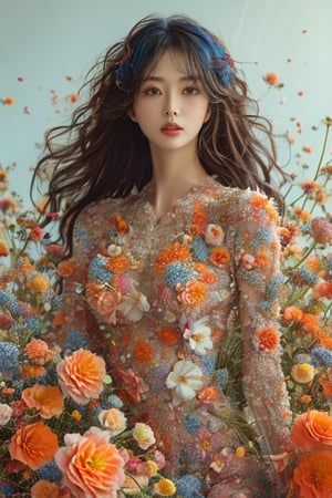 A captivating digital art portrait of a young woman surrounded by a vibrant array of flowers. Her wavy, dark blue hair frames her face, blending seamlessly with the floral elements around her. The flowers, in shades of orange, blue, and white, create a striking contrast against her pale skin. She gazes directly at the viewer with an intense, almost ethereal expression. The intricate details of the petals and leaves intertwine with her hair, giving the impression that she is one with nature. The overall composition is both delicate and dramatic, evoking a sense of mystery and enchantment.