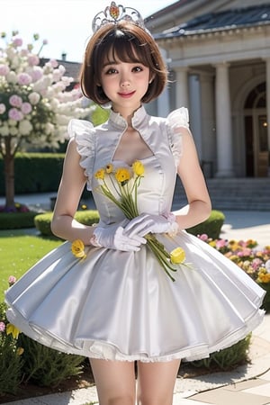 Masterpiece, Simple Background, (((Flowers in Background: 1.7))), 1girl, antenna_hair, , bangs, brown_hair, crown, dress, eyebrows_visible_through_hair, gloves, green_eyes,  short_hair, sleeveless, smile, standing, white_dress, white_gloves
,perfect light,Beauty,kinomoto sakura