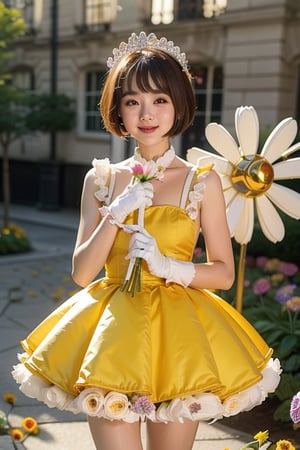 Masterpiece, Simple Background, (((Flowers in Background: 1.7))), 1girl, antenna_hair, , bangs, brown_hair, crown, dress, eyebrows_visible_through_hair, gloves, green_eyes,  short_hair, sleeveless, smile, standing, white_dress, white_gloves
,perfect light,Beauty,kinomoto sakura