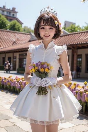 Masterpiece, Simple Background, (((Flowers in Background: 1.7))), 1girl, antenna_hair, , bangs, brown_hair, crown, dress, eyebrows_visible_through_hair, gloves, green_eyes,  short_hair, sleeveless, smile, standing, white_dress, white_gloves
,perfect light,Beauty,kinomoto sakura