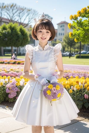 Masterpiece, Simple Background, (((Flowers in Background: 1.7))), 1girl, antenna_hair, , bangs, brown_hair, crown, dress, eyebrows_visible_through_hair, gloves, green_eyes,  short_hair, sleeveless, smile, standing, white_dress, white_gloves
,perfect light,Beauty,kinomoto sakura