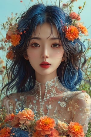 A captivating digital art portrait of a young woman surrounded by a vibrant array of flowers. Her wavy, dark blue hair frames her face, blending seamlessly with the floral elements around her. The flowers, in shades of orange, blue, and white, create a striking contrast against her pale skin. She gazes directly at the viewer with an intense, almost ethereal expression. The intricate details of the petals and leaves intertwine with her hair, giving the impression that she is one with nature. The overall composition is both delicate and dramatic, evoking a sense of mystery and enchantment.