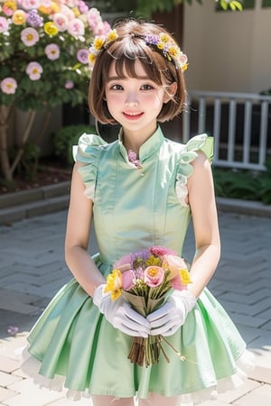 Masterpiece, Simple Background, (((Flowers in Background: 1.7))), 1girl, antenna_hair, , bangs, brown_hair, crown, dress, eyebrows_visible_through_hair, gloves, green_eyes,  short_hair, sleeveless, smile, standing, white_dress, white_gloves
,perfect light,Beauty,kinomoto sakura