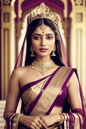 "Create an image of a beautiful Indian queen. She is adorned in traditional royal attire, with intricate jewelry, a magnificent crown, and an elegant sari. The queen stands in a grand palace setting, with rich, ornate decorations in the background. Her expression is regal and graceful, reflecting her noble status and serene confidence. The colors should be vibrant, emphasizing the richness of Indian culture."