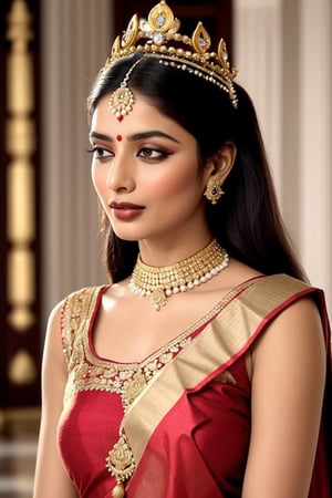 "Create an image of a beautiful Indian queen. She is adorned in traditional royal attire, with intricate jewelry, a magnificent crown, and an elegant sari. The queen stands in a grand palace setting, with rich, ornate decorations in the background. Her expression is regal and graceful, reflecting her noble status and serene confidence. The colors should be vibrant, emphasizing the richness of Indian culture."