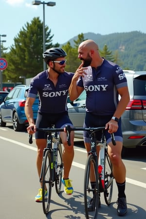 un homme poilu et moustachu en tenue de cycliste de l'équipe de sony touche les fesses d'un homme poilu nu de dos dans un parking de supermarché,hyperréaliste, 