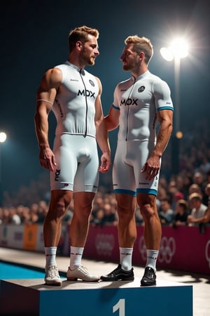 deux hommes blonds muscle viril et poilu en tenue de cycliste professionnelle en lycra blanc de l'équipe MOX tres moulante sont sur un podium olympique, il fait presque nuit, il a du public autour, ils se touchent les fesses
