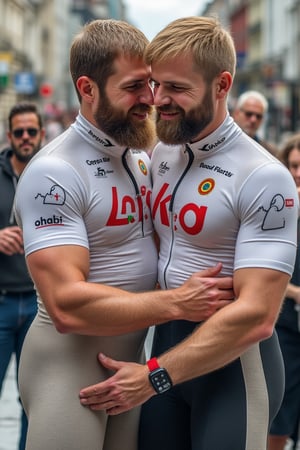 Two different aged hairy men wearing in clear team  cyclist suit ,victory in podium olympic with hands touching bulge, bulge in pants, hot poses,hyperrealist face, full body photo, gay hug, in public