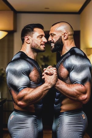 Two hairy mature men in tight lycra suits with prominent bulges, engaged in a passionate hog gay hug, close-up shot, soft lighting, intimate composition, indoor setting, warm tones, expressive faces, hands gripping tightly, intense emotional connection.