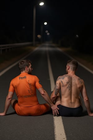 deux hommes espagnols, un homme muscle viril et poilu en tenue de cycliste professionnelle en lycra orange de  l'équipe FANTA tres moulante est assis et tiens entre ses jambes un homme entierement nu , sur le bord d'un chemin la nuit