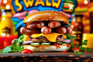 Generate a colorful and attractive logo for a food establishment that includes a hamburger and a portion of sausage. Make sure the design is eye-catching and modern, with prominent capital letters that say 'SWALLOW AND PASS' in the center. The image should convey a feeling of flavor and fun