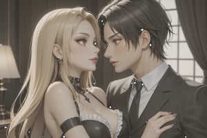 Highly detailed, high quality, masterpiece, beautiful, 
A boy with a cadet cut (white with brown eyes, thick jaw, black hair) and a girl (long hair, blonde, brown eyes, petite). gothic couple, modern, white, black clothing,