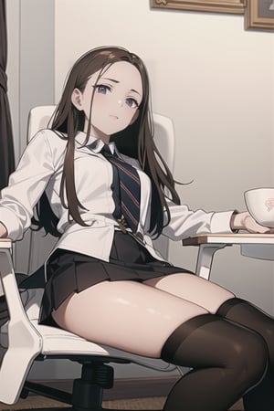 Highly detailed, high quality, masterpiece, beautiful. (medium seated shot), a girl with almost blonde brown hair, with dark brown eyes, in a white room, sitting on a white chair with her legs closed and crossed elegantly, wearing a formal black skirt and black boots, the boots are up to knee, and with a long-sleeved white shirt. His legs are thick. chinese cute type