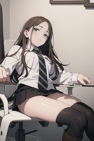 Highly detailed, high quality, masterpiece, beautiful. (medium seated shot), a girl with almost blonde brown hair, with dark brown eyes, in a white room, sitting on a white chair with her legs closed and crossed elegantly, wearing a formal black skirt and black boots, the boots are up to knee, and with a long-sleeved white shirt. His legs are thick. chinese cute type