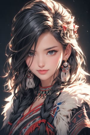 4k,best quality,masterpiece,20yo 1girl,(traditional Cherokee Indian costume, alluring smile, head ornaments 

(Beautiful and detailed eyes),
Detailed face, detailed eyes, double eyelids ,thin face, real hands, muscular fit body, semi visible abs, ((short hair with long locks:1.2)), black hair, black background,


real person, color splash style photo,
