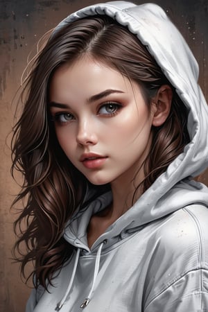 realistic photoshoot of a beautiful brunette in a hoodie