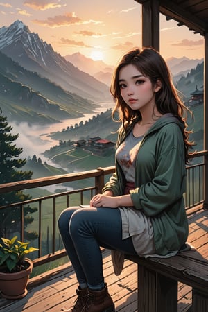 just a simple prompt, comparing models, lovely girl, sitting on a porch, casual clothes, sunset, fog, mountains on background, artfusion, locopony, sd3 and hunyuandit