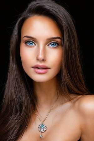 (best quality, 4K, 8K, high-resolution, masterpiece), sharp,ultra-detailed, realistic, photorealistic, woman, long hair, looking at viewer, blue eyes, simple background, jewelry, tanned skin, black background, portrait,perfect teeth
