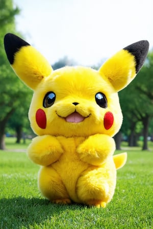 very cute blushing pikachu, realistic photograph of a fluffy pikachu, stuffed animal running in the park