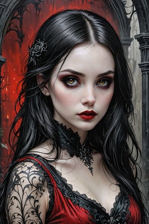 (best quality, 4K, 8K, high-resolution, masterpiece), sharp,ultra-detailed, realistic, photorealistic, woman, long hair, looking at viewer, black hair, pale skin, emo, goth, gothic girl, spooky background, red top
